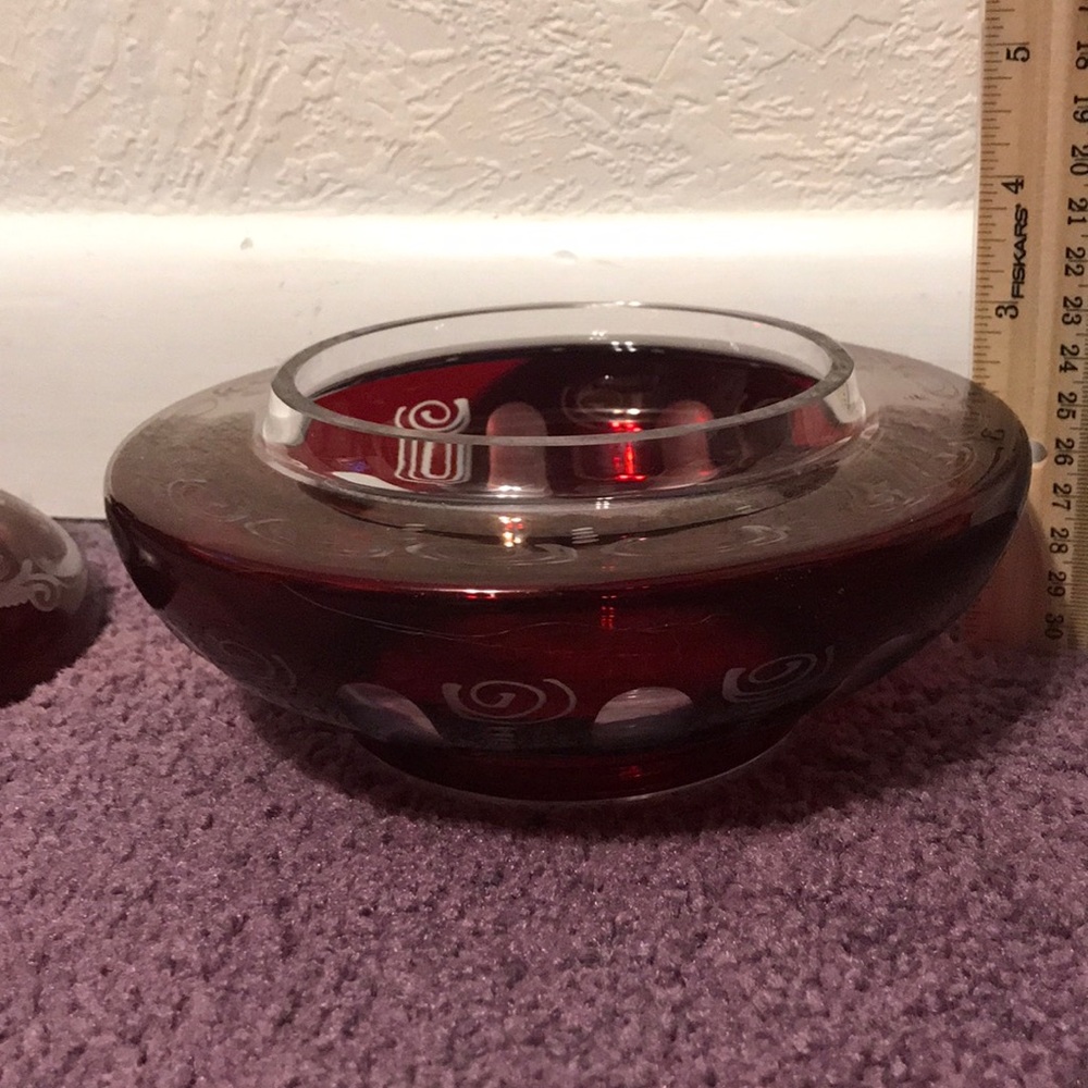 Vintage ruby crystal candy trinket dish etched - Picture 5 of 12